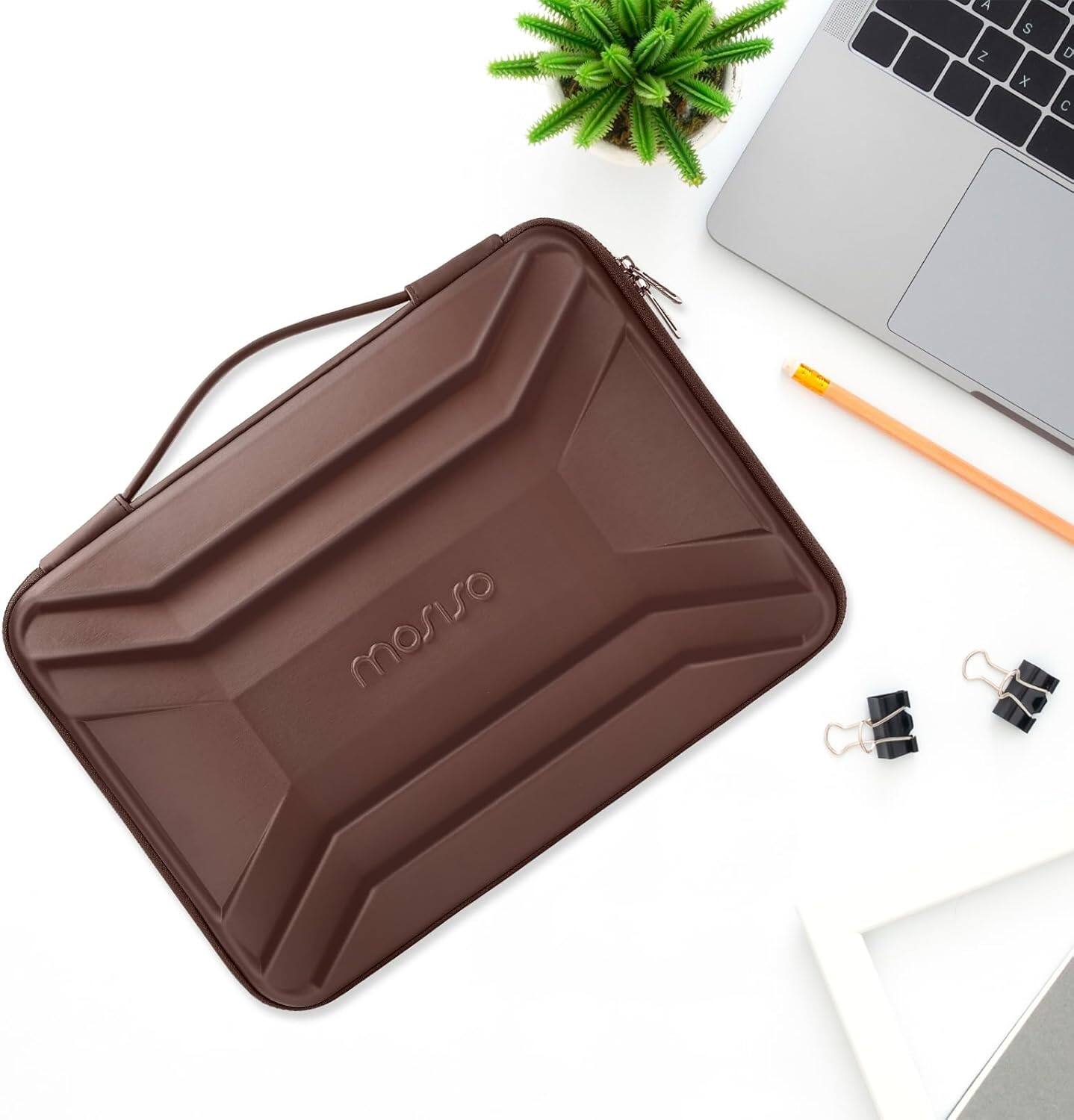 Alt View 3. mosiso - Waterproof Laptop Sleeve 13-14 inch EVA Hard Shell Laptop Carrying Case with Handle for MacBook Air Pro 13 14 HP Dell - Brown.
