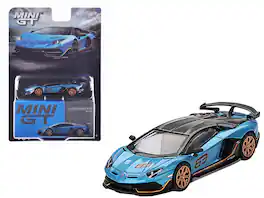 Lamborghini Aventador SVJ 63 Blu Aegir with Carbon Top Limited Edition 1/64 Diecast Model Car by Mini GT - Blue Metallic