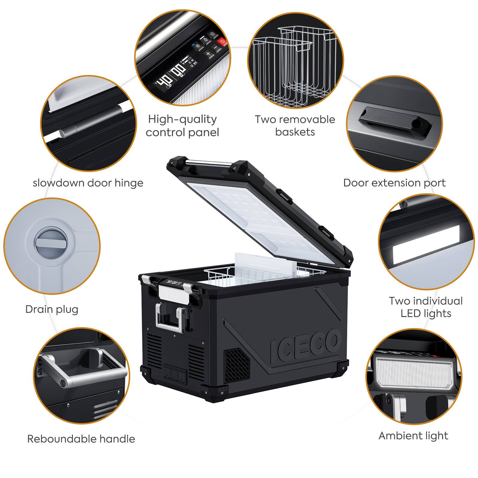 - High-quality control panel
- Two removable baskets
- Door extension port
- Drain plug
- Two individual LED lights
- Ambient light
- Reboundable handle
- Slowdown door hinge