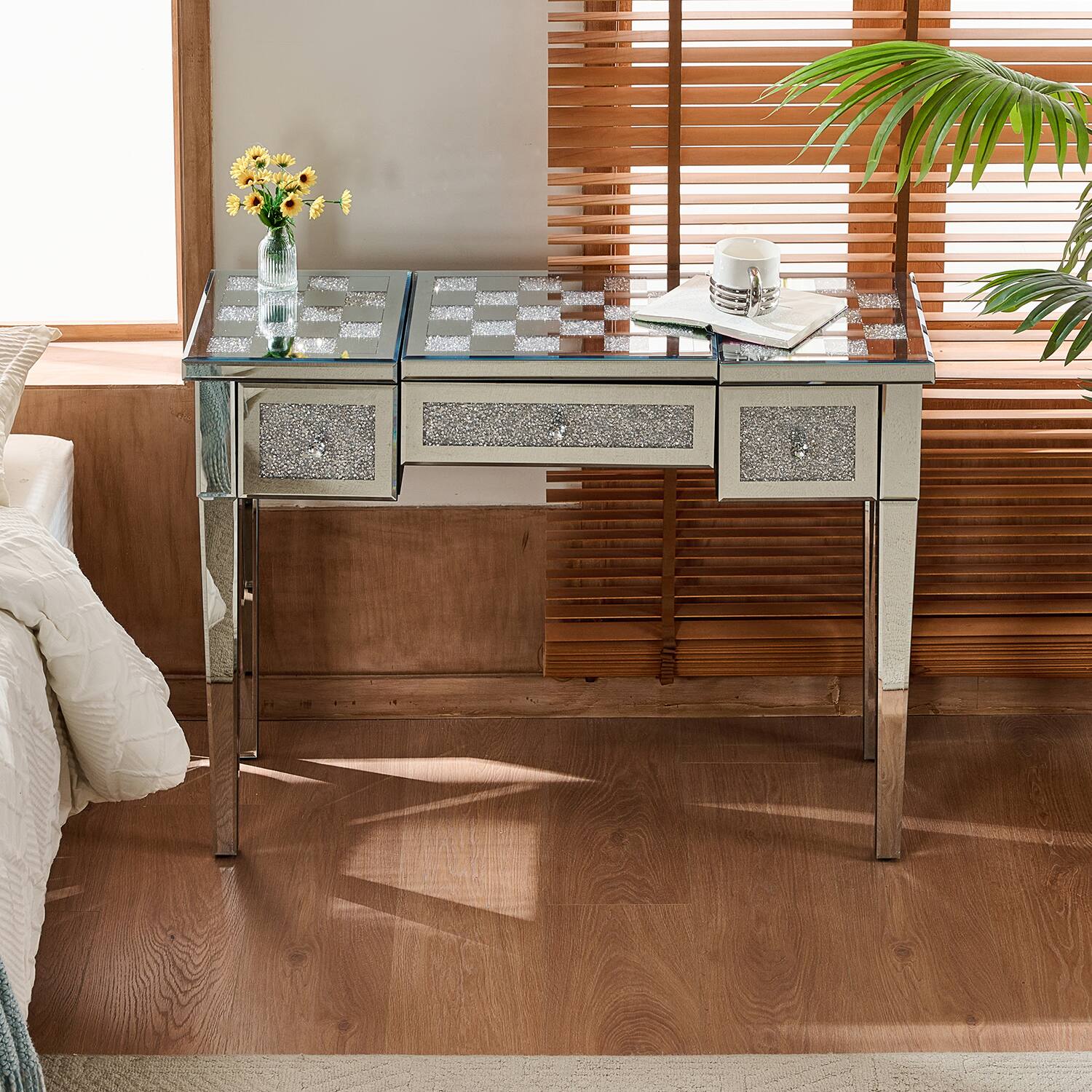 Front. APRILSOUL - Mirrored Makeup Vanity Desk with Crushed Diamond Inlay Silver Dressing Table with Flip-Top Silver - Silver.