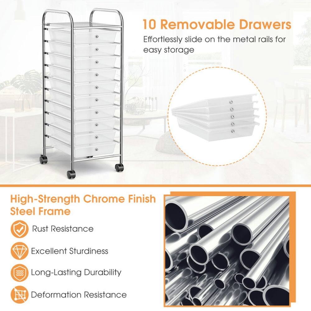 10 Removable Drawers  
Effortlessly slide on the metal rails for easy storage  

High-Strength Chrome Finish Steel Frame  
- Rust Resistance  
- Excellent Sturdiness  
- Long-Lasting Durability  
- Deformation Resistance