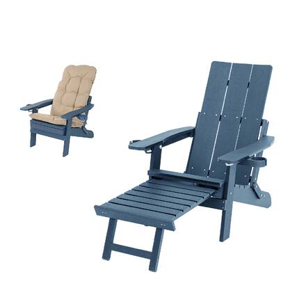 Front. Fortune Candy - Folding Adirondack Chair w/Cupholders, Ottoman & Cushion, Adjustable Backrest for Patio, Porch, Beach - Navy Blue.