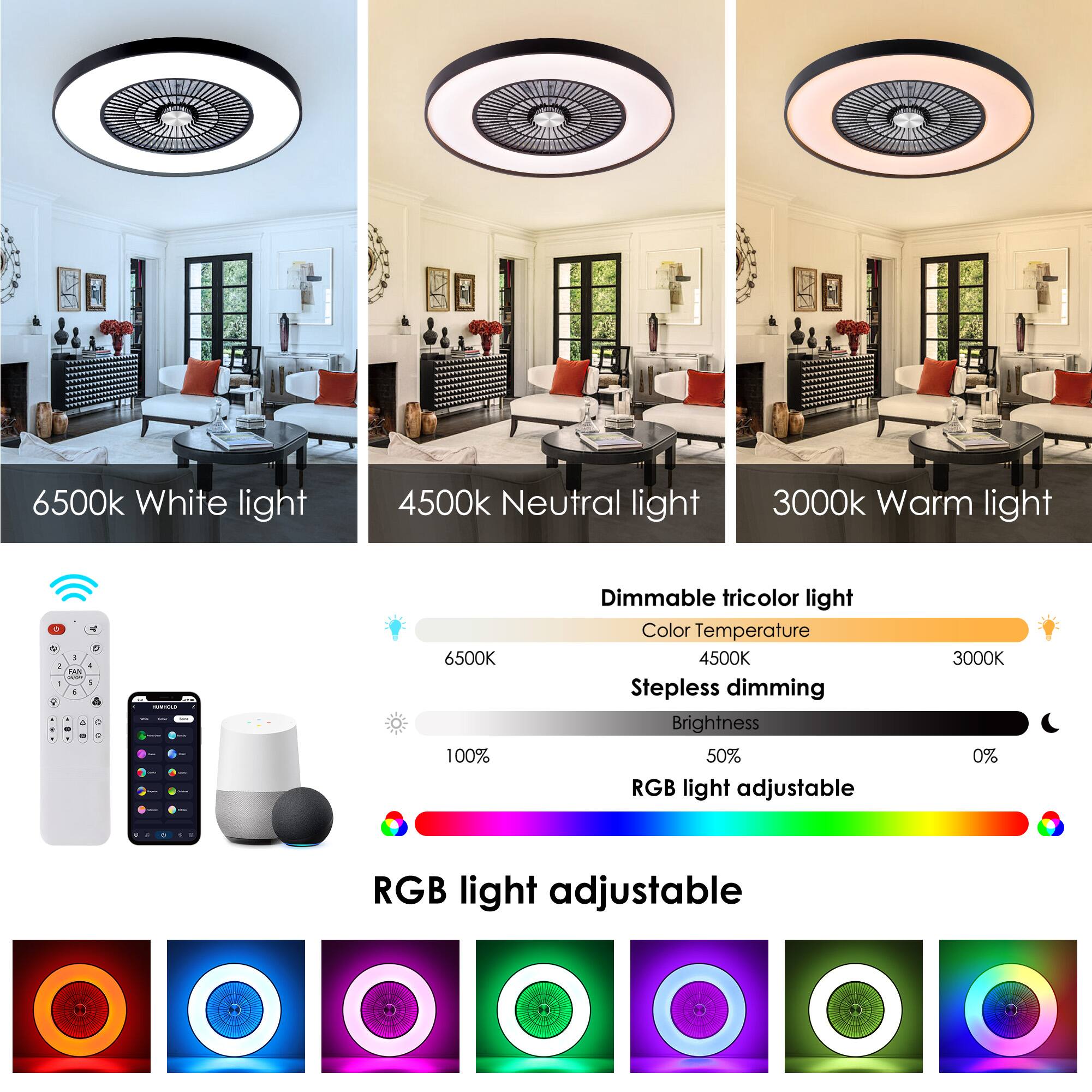 6500k White light  
4500k Neutral light  
3000k Warm light  

Dimmable tricolor light  
Color Temperature  
4500K  
Stepless dimming  
Brightness  
50%  
RGB light adjustable  

RGB light adjustable