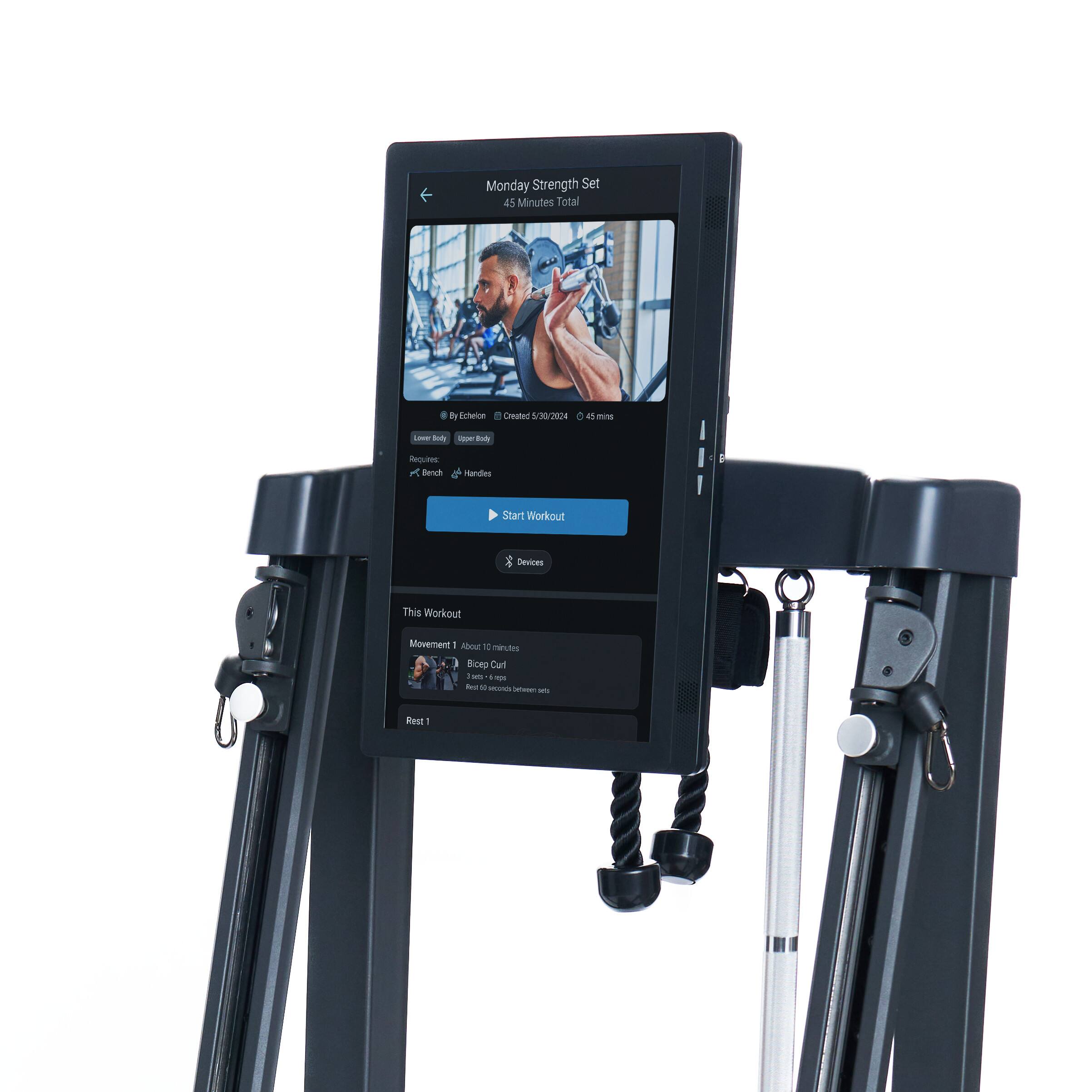 Monday Strength Set  
45 Minutes Total  

By Echelon  
Created 5/20/2024  
45 mins  

Devices  
Bench  
Handles  

Start Workout  

This Workout  
Movement 1 About 10 minutes  
Bicep Curl  
2 sets x 10 reps  
Rest 60 seconds between sets  

Rest 1