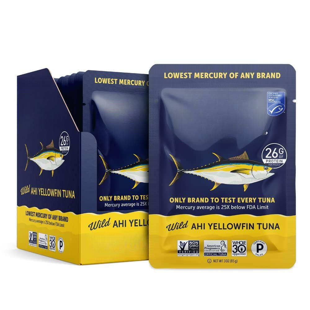 LOWEST MERCURY OF ANY BRAND  
26G PROTEIN  
ONLY BRAND TO TEST EVERY TUNA  
Mercury average is 25X below FDA Limit  
Wild AHI YELLOWFIN TUNA  
CERTIFIED SUSTAINABLE SEAFOOD MSC  
NON GMO VERIFIED  
AMERICAN PREGNANCY ASSOCIATION OFFICIAL TUNA  
WHOLE PARENT APPROVED  
NET WT 30 OZ (85 g)