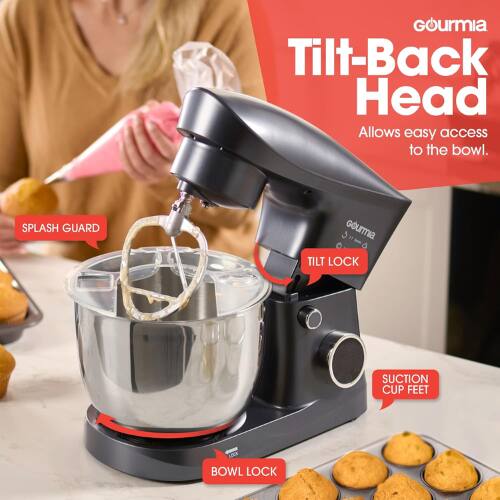 Gourmia Tilt-Back Head allows easy access to the bowl.  
SPLASH GUARD  
Gourmia 1 TILT LOCK  
SUCTION CUP FEET  
BOWL LOCK