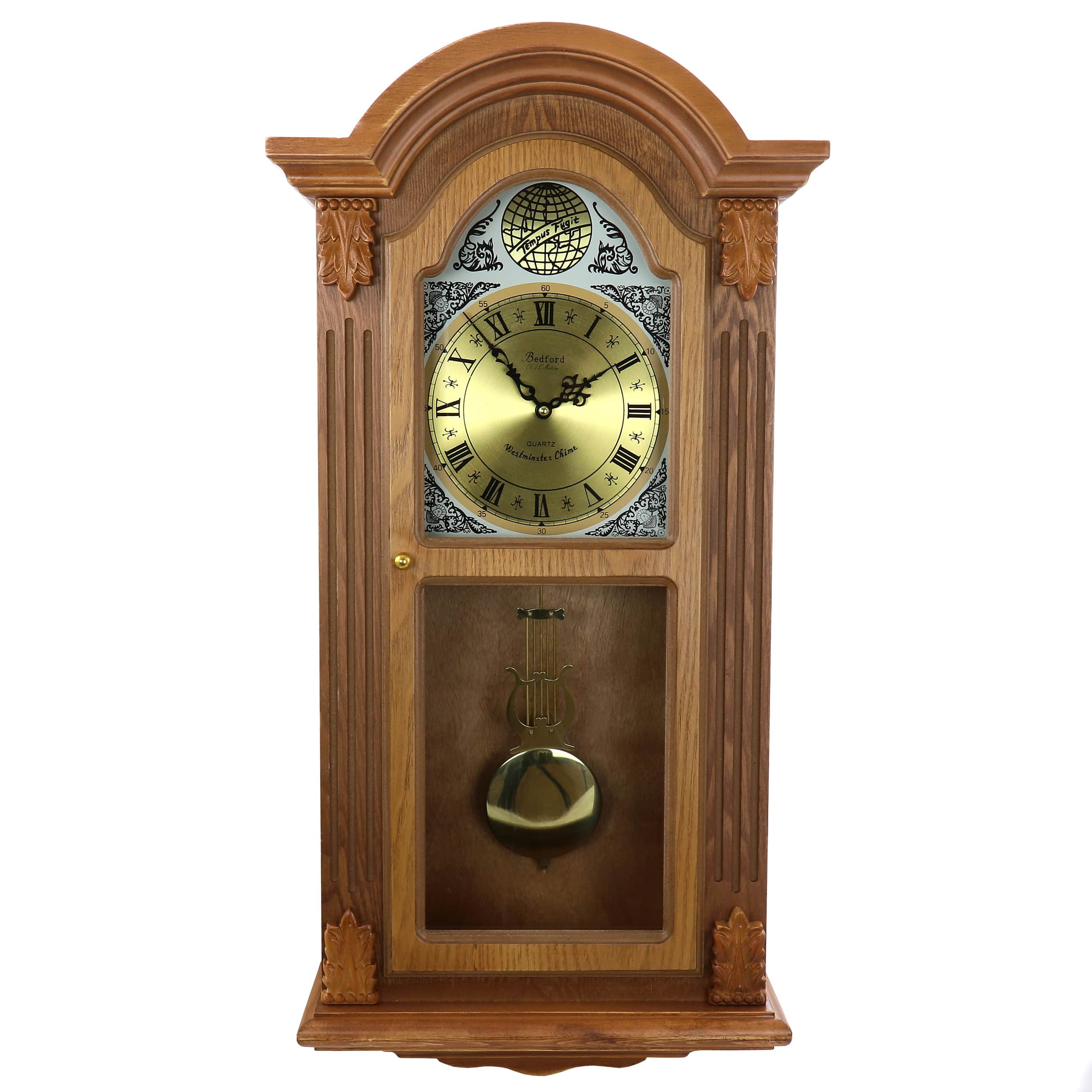 Bedford Clock Collection - Honey Oak Chiming Pendulum Wall Clock - Brown