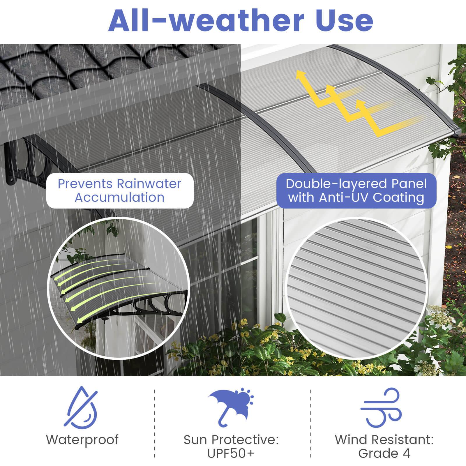 All-weather Use

Prevents Rainwater Accumulation

Double-layered Panel with Anti-UV Coating

Waterproof

Sun Protective: UPF50+

Wind Resistant: Grade 4