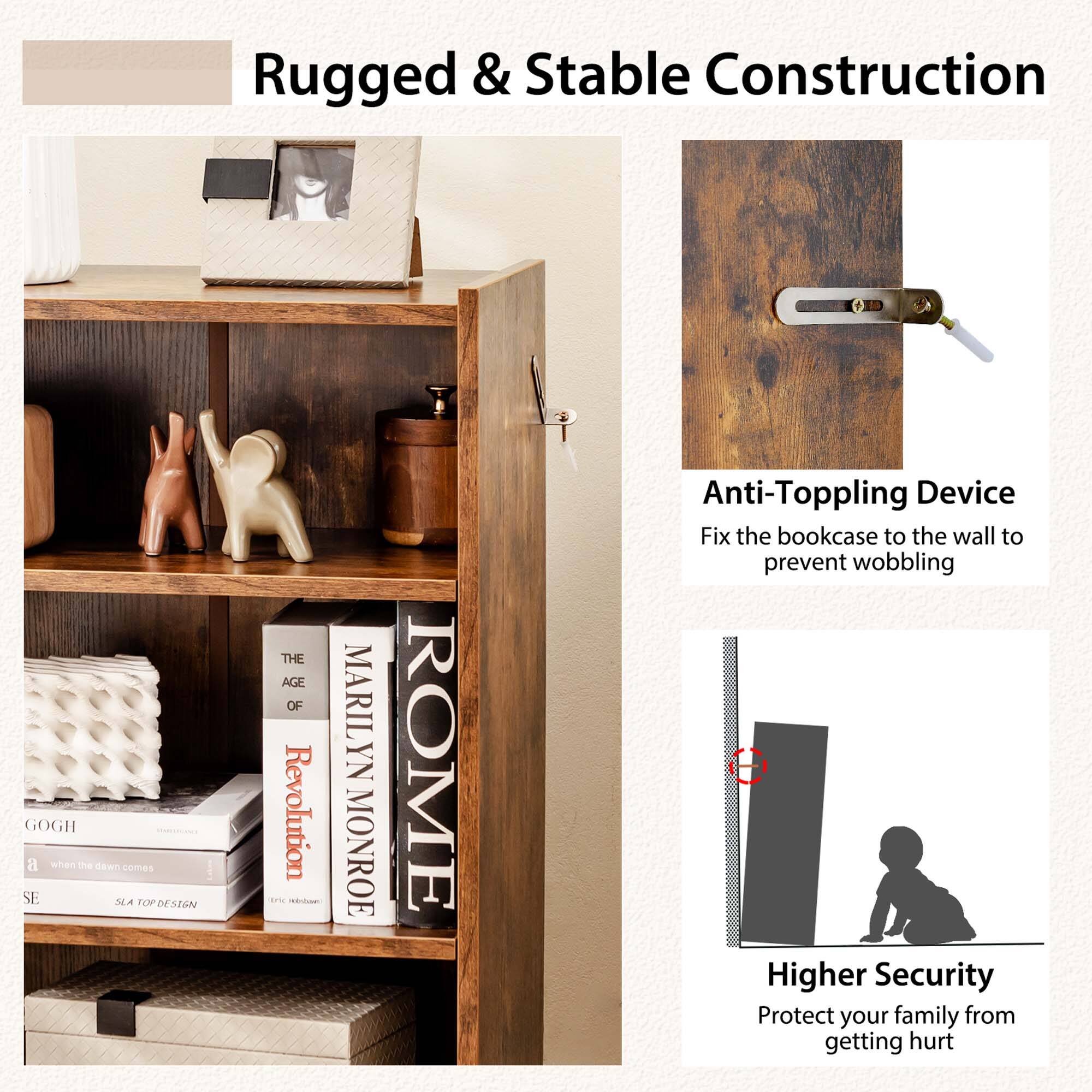 Rugged & Stable Construction: GOGH when the DEWT comes. SLA TOP DESIGN. THE AGE OF Revolution. Time of Marilyn Monroe. Rome. Anti-Toppling Device. Fix the bookcase to the wall to prevent wobbling. Higher Security. Protect your family from getting hurt.