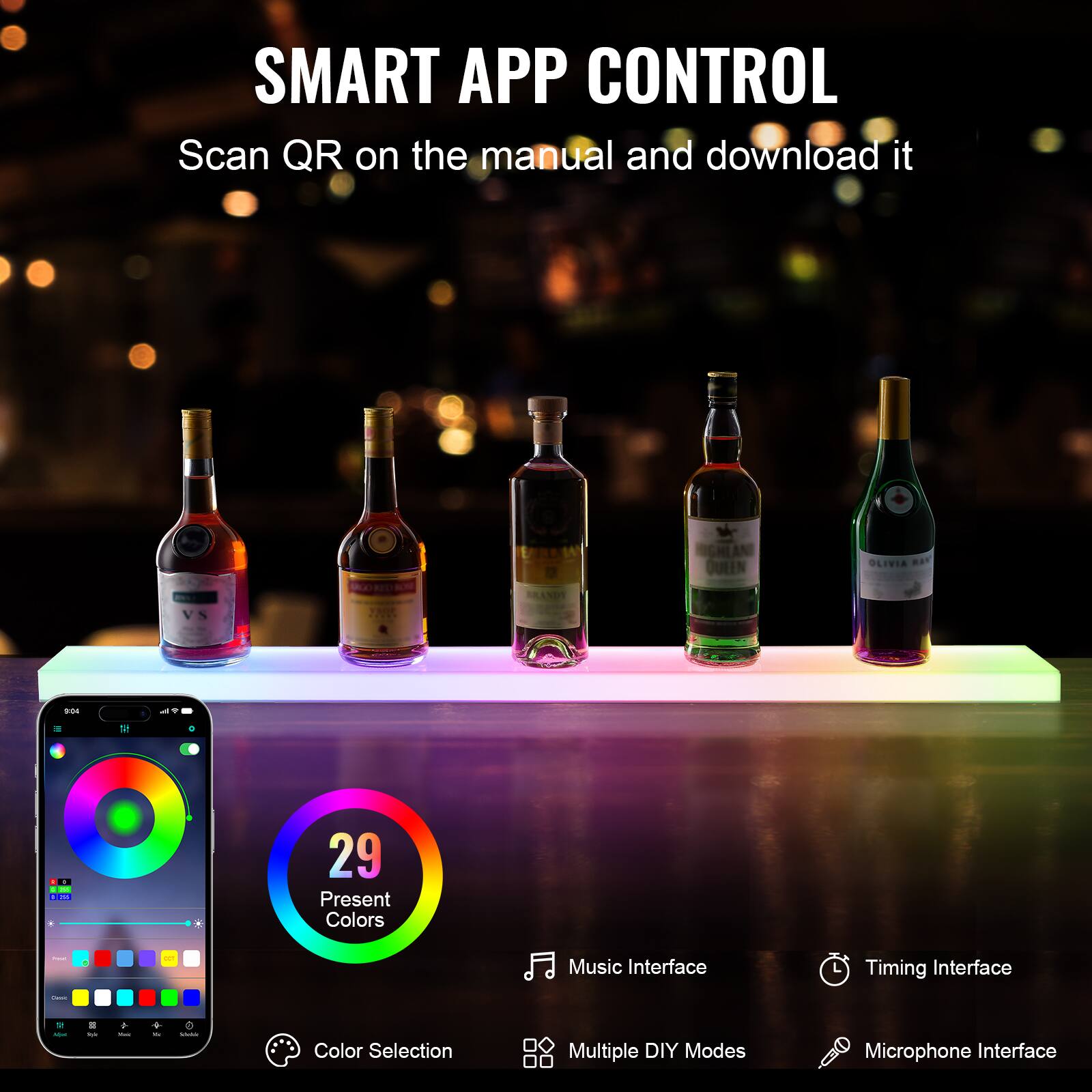 SMART APP CONTROL  
Scan QR on the manual and download it  

- 29 Present Colors  
- Music Interface  
- Timing Interface  
- Color Selection  
- Multiple DIY Modes  
- Microphone Interface