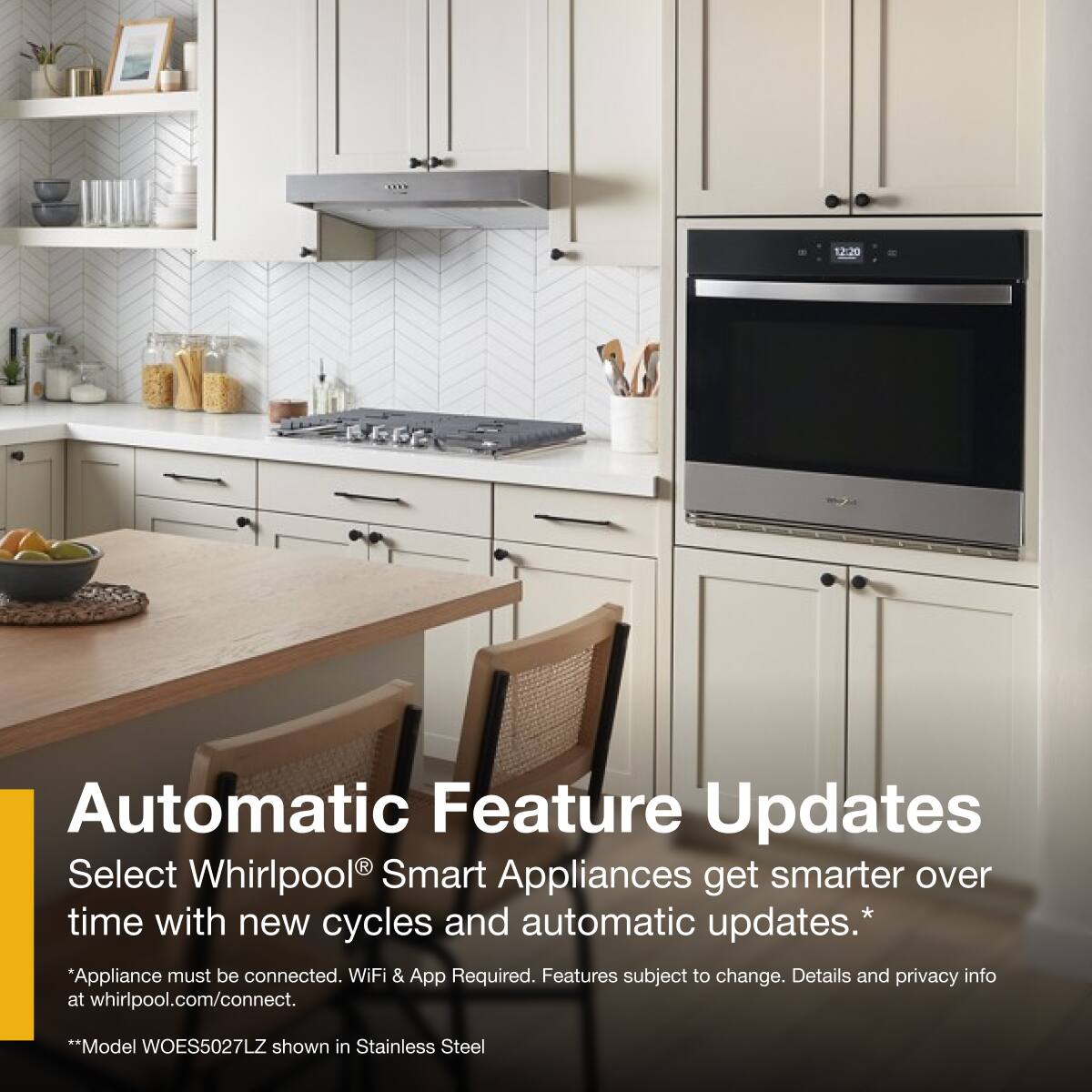 Automatic Feature Updates  
Select Whirlpool® Smart Appliances get smarter over time with new cycles and automatic updates.*  
*Appliance must be connected. WiFi & App Required. Features subject to change. Details and privacy info at whirlpool.com/connect.  
**Model WOES5027LZ shown in Stainless Steel