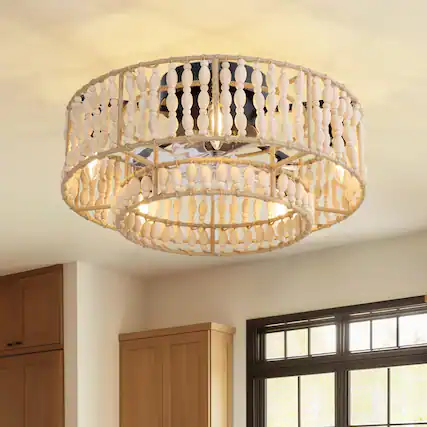 Front. Siljoy - 20" Boho Wood Beaded Flush Mount Ceiling Fan with Light & Remote - Beads.