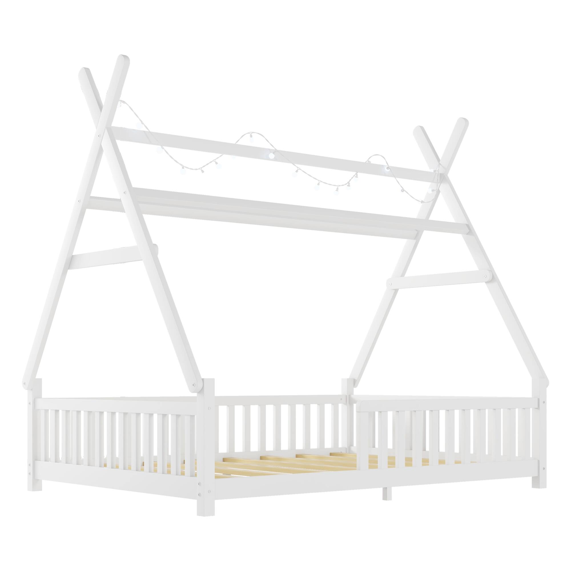 Alt View 6. GOODSILO - Full Size Low Profile House Frame Bed with Detachable Roof and LED Light Kit for Children's Bedroom - White.