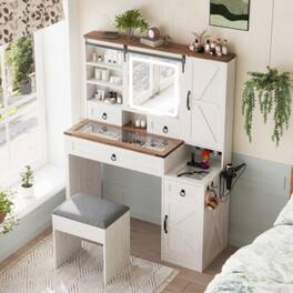 LUCKY ONE - 42.5in Freestanding Farmhouse Vanity Set with Sliding LED Mirror, Glass Top, Charging Station, 4 Drawers - White