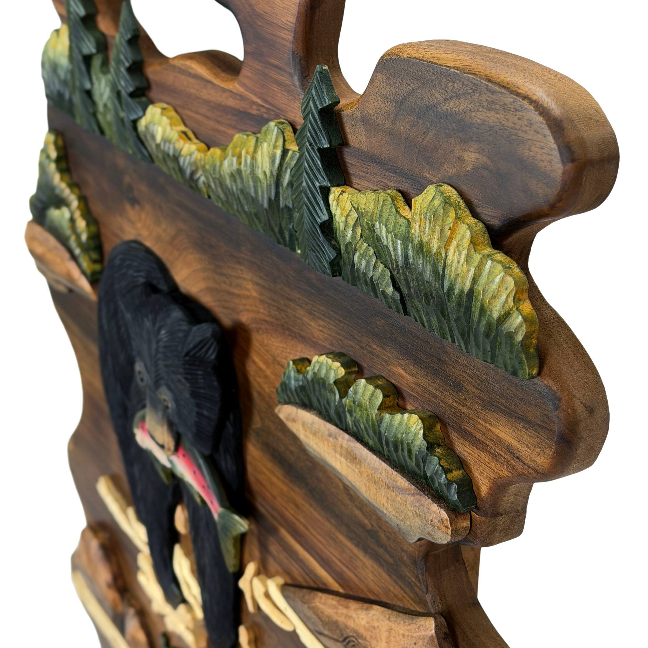 Alt View 2. Zeckos - Bear Fishing Wood Wall Sculpture 23.5in Rustic Intarsia Cabin Lodge Decor - Brown.