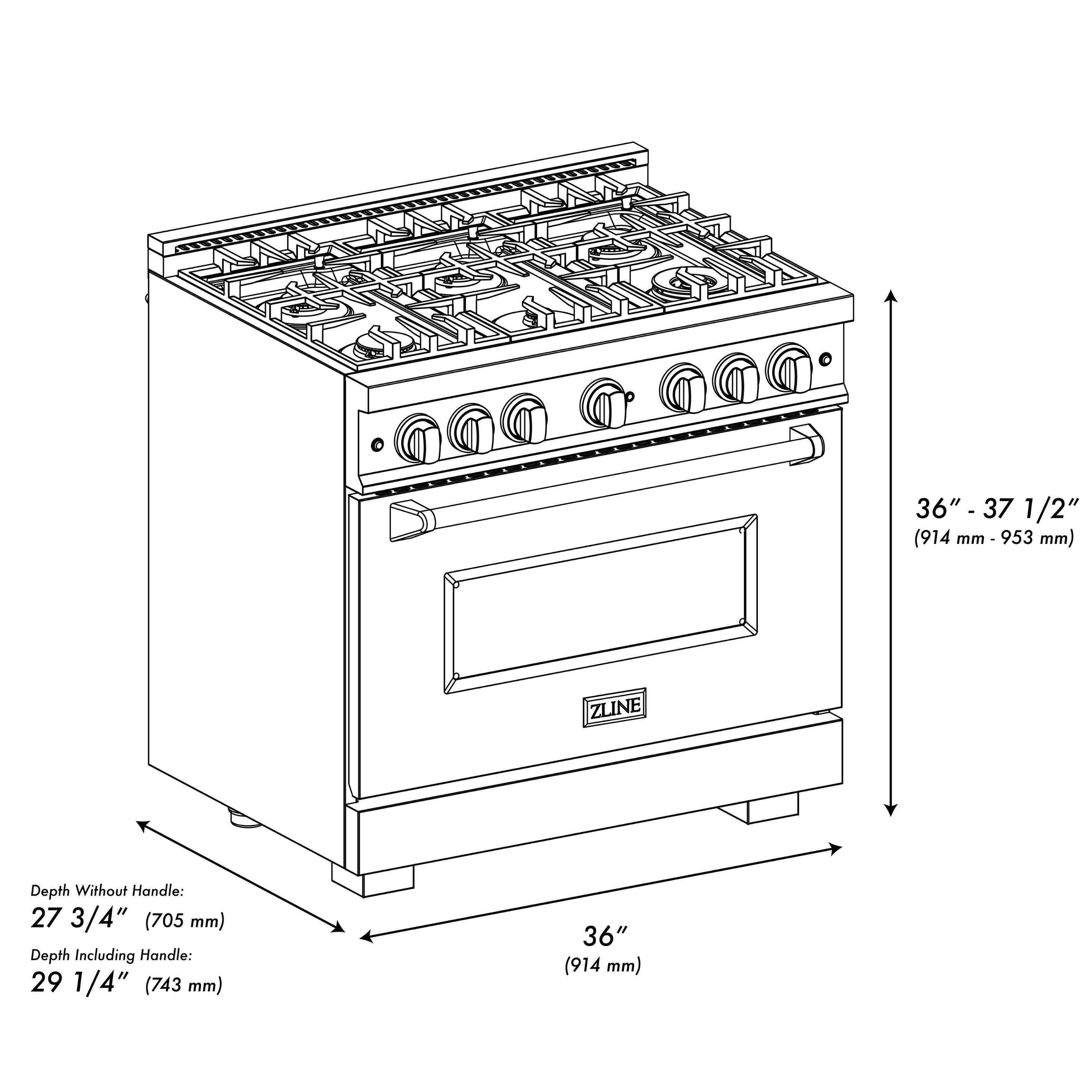 The text on the image states that the ZLINE oven has a depth of 27 3/4" (705 mm) without the handle and 29 1/4" (743 mm) including the handle. The oven is 36" (914 mm) in size.