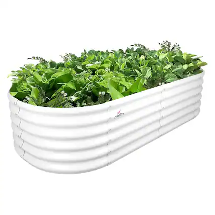 Front. A Anleolife - White Metal Oval Raised Garden Bed Planter Box for Planting Vegetables Flowers Herb (72 in. L x 24 in. W x 18 in. H) - White.