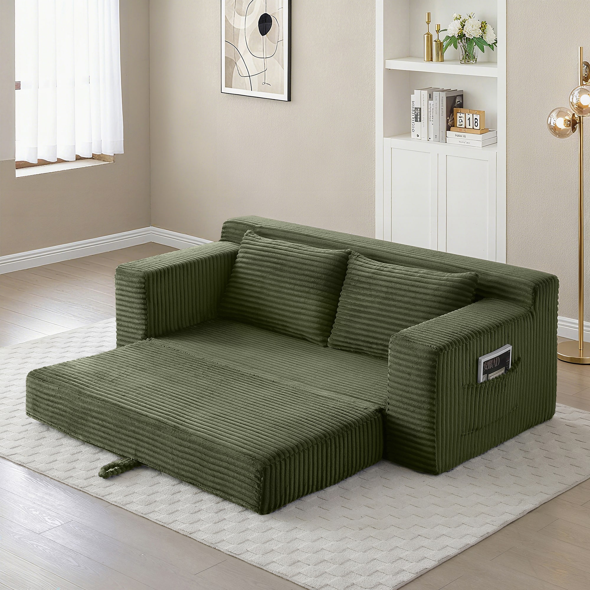 Trinkets Crazed - Memory Foam Cloud Loveseat Sofa,2 in 1 Convertible Folding Couch Bed,No Assembly Compressed Corduroy Floor Lounge Sofa - Green