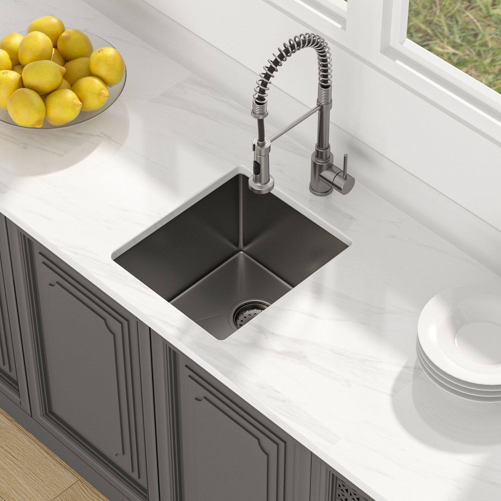 Left. Lordear - 15" x 17" Undermount Gunmetal Black Kitchen Sink Single Bowl 16 Gauge Stainless Steel Sink - Gunmetal Black.