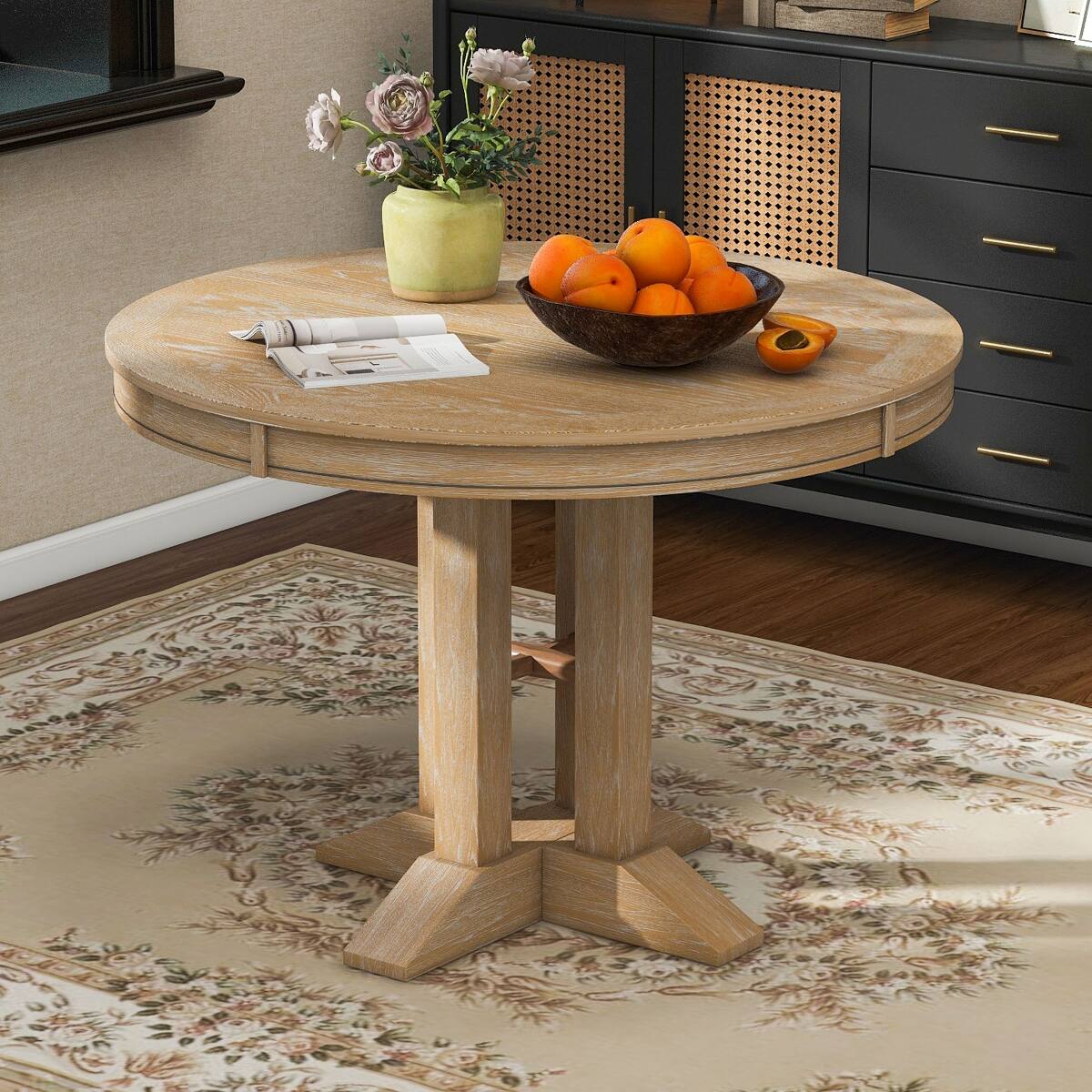 Loheer Extendable Round Dining Table Natural Wood Finish for Kitchen ...
