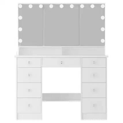 Front. Famapy - Hollywood-Style Vanity Set w/Tri-Light Mirror & Storage 3-Color Dimmable Lights Space-Saving Makeup Desk - White.