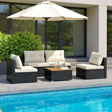 Front. Kadyn - 5 Piece Outdoor Furniture Set with Solid Tabletop and Soft Cushions Patio Seating Conversation Set Modern Patio Sofa - Off White.