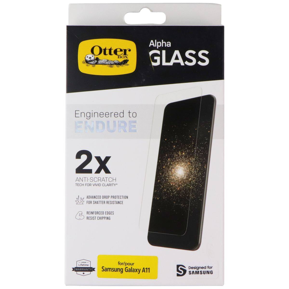 Alpha Otter BOX GLASS Engineered to ENDURE 2x ANTI-SCRATCH TECH FOR VIVID CLARITY* ADVANCED DROP PROTECTION FOR SHATTER RESISTANCE REINFORCED EDGES RESIST CHIPPING Lifetime for/pour WARRANTY Samsung Galaxy A11 Designed for SAMSUNG