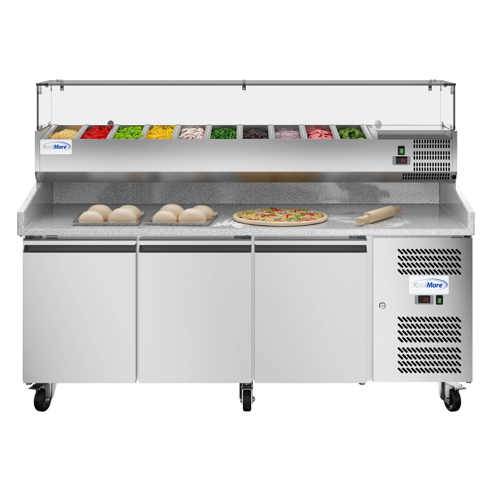 Koolmore - 79 in. Three-Door Commercial Refrigerated Granite Top Pizza Prep Station With a Refrigerated Condiment Pan Holder - Stainless-Steel