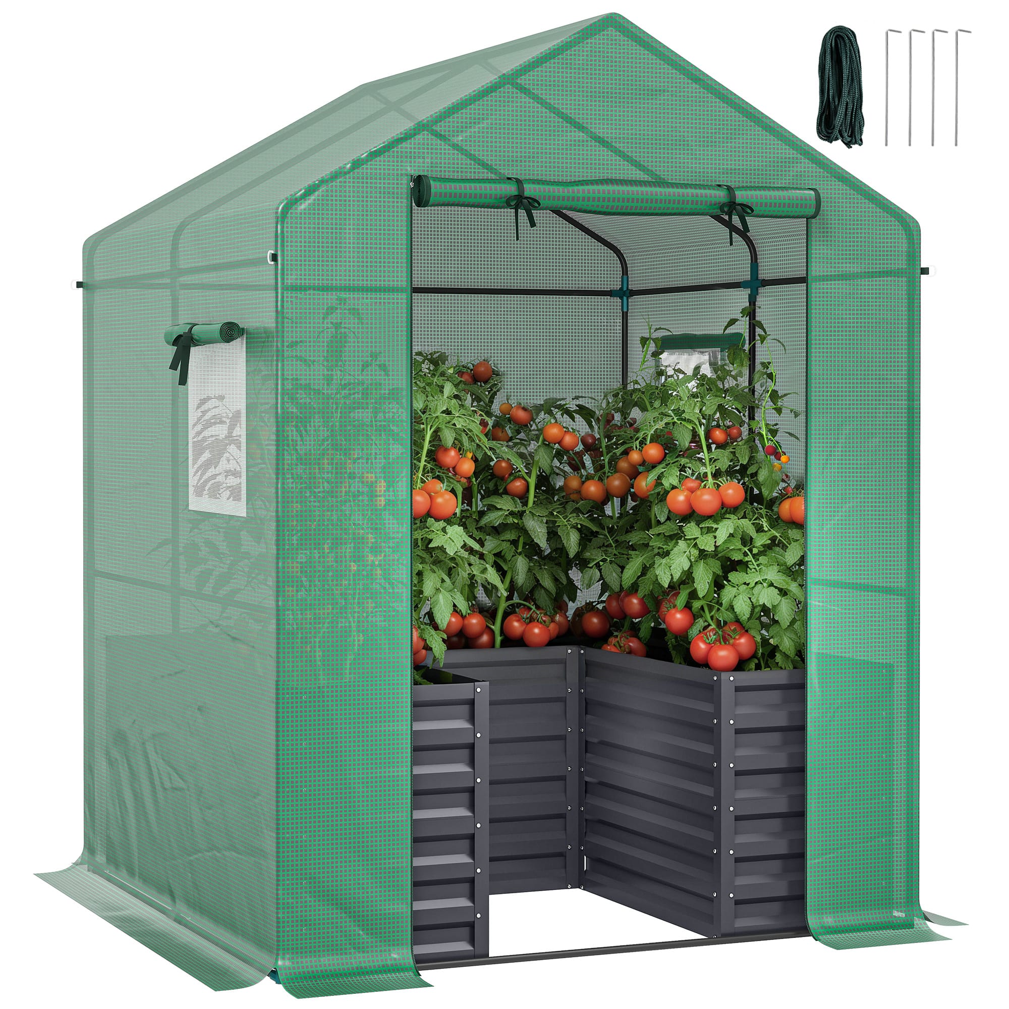 Front. Outsunny - with Raised Garden Bed, Galvanized Steel Outdoor Greenhouse with Roll Up Door, 56" x 56" x 75".