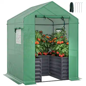 Outsunny - with Raised Garden Bed, Galvanized Steel Outdoor Greenhouse with Roll Up Door, 56" x 56" x 75"
