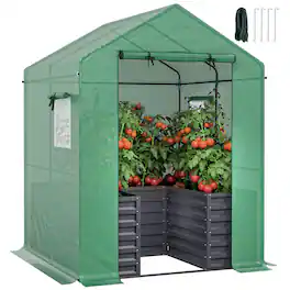 Outsunny - with Raised Garden Bed, Galvanized Steel Outdoor Greenhouse with Roll Up Door, 56" x 56" x 75"