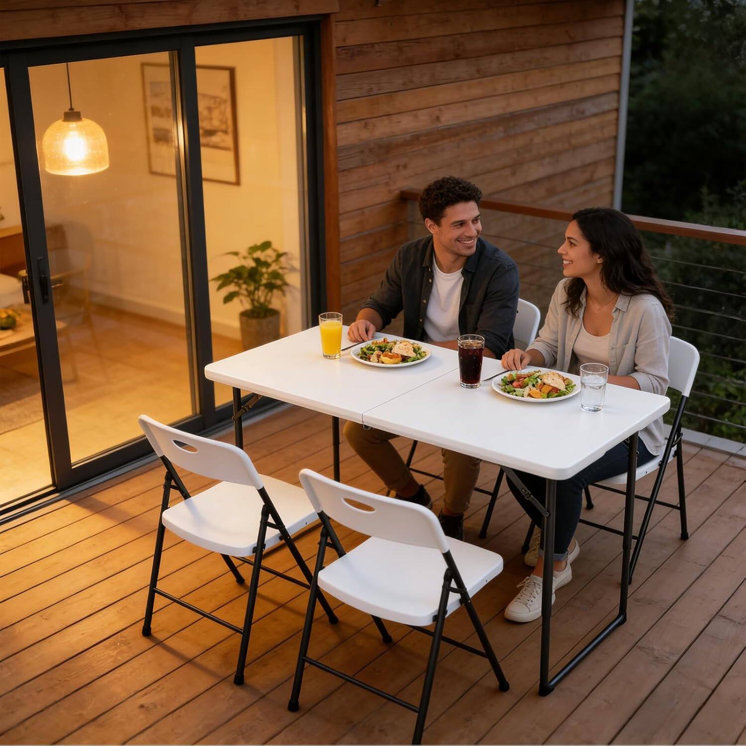 Left. Yardgrace - Folding Table 4ft, Fold-in-Half Adjustable Height Plastic Table, Portable Steel Legs for Picnic, Camping, Party - White.