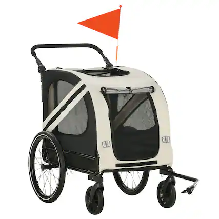Front. Siljoy - White 2‑in‑1 Pet Bike Trailer & Stroller Sidecar for Small Dogs, Weather‑Resistant with Red Safety Flag.