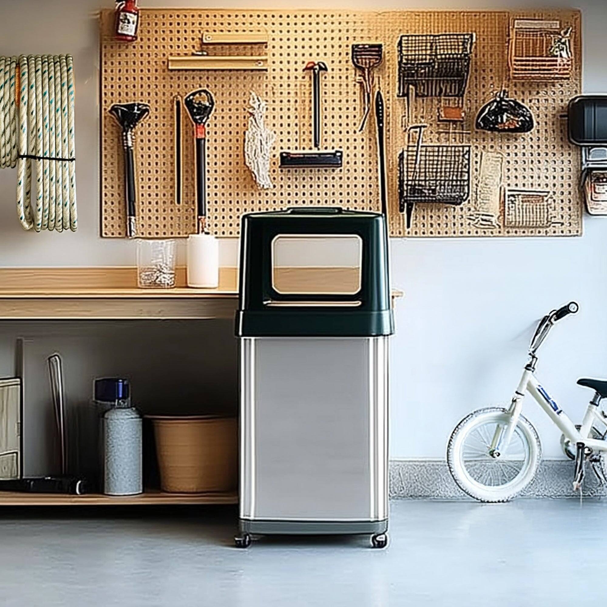 Angle. iTouchless - 18 Gallon Stainless Steel Dual Side-Opening Kitchen Trash Can with Wheels and AbsorbX Odor Filter - Silver.