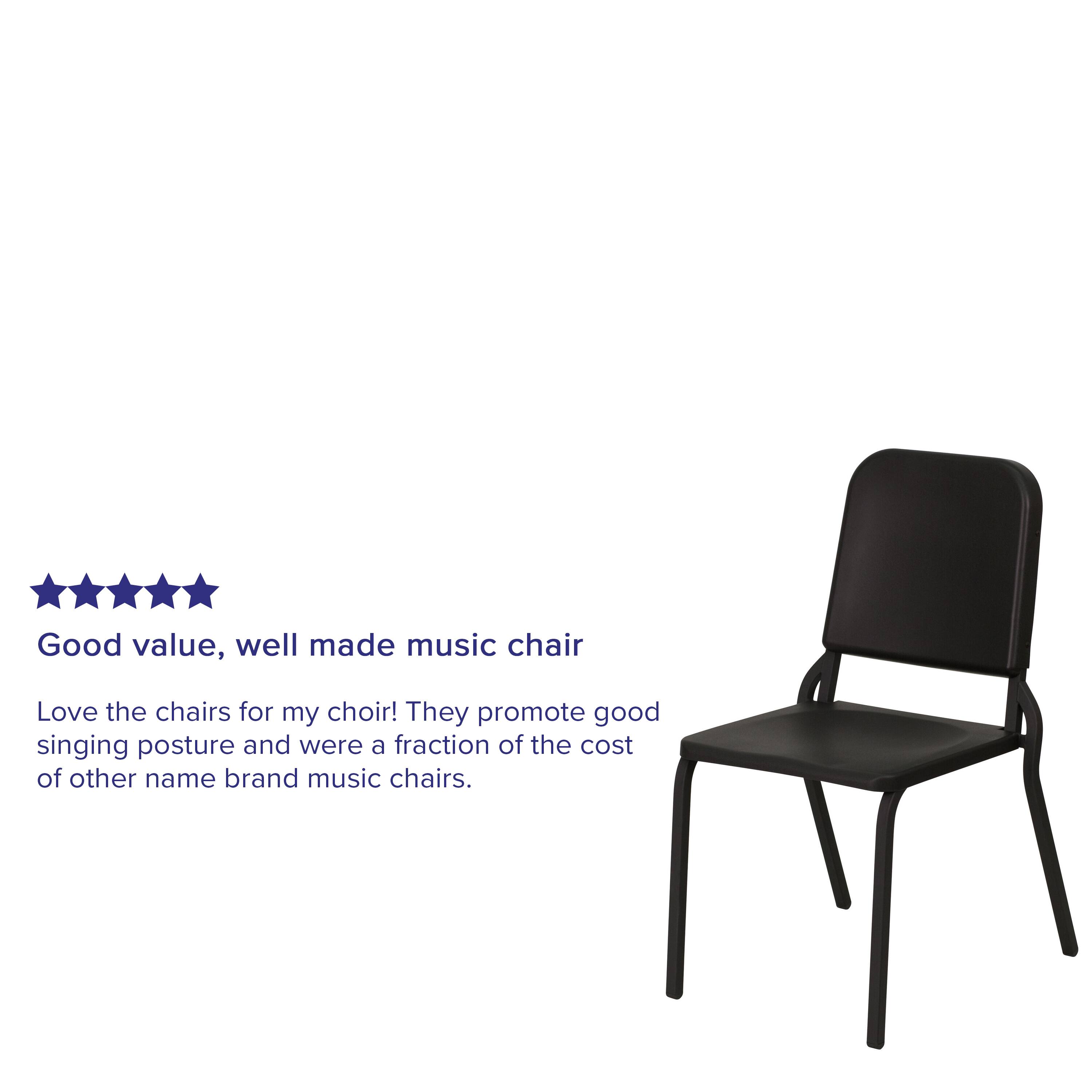 Good value, well made music chair

Love the chairs for my choir! They promote good singing posture and were a fraction of the cost of other name brand music chairs.