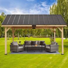 Front. U-HOMY - Hardtop Asphalt Roof Spruce Wood Gazebo, Weather-Resistant Outdoor Pavilion - 13'x16'.