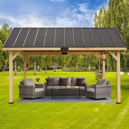 Front. U-HOMY - Hardtop Asphalt Roof Spruce Wood Gazebo, Weather-Resistant Outdoor Pavilion - 13'x16'.