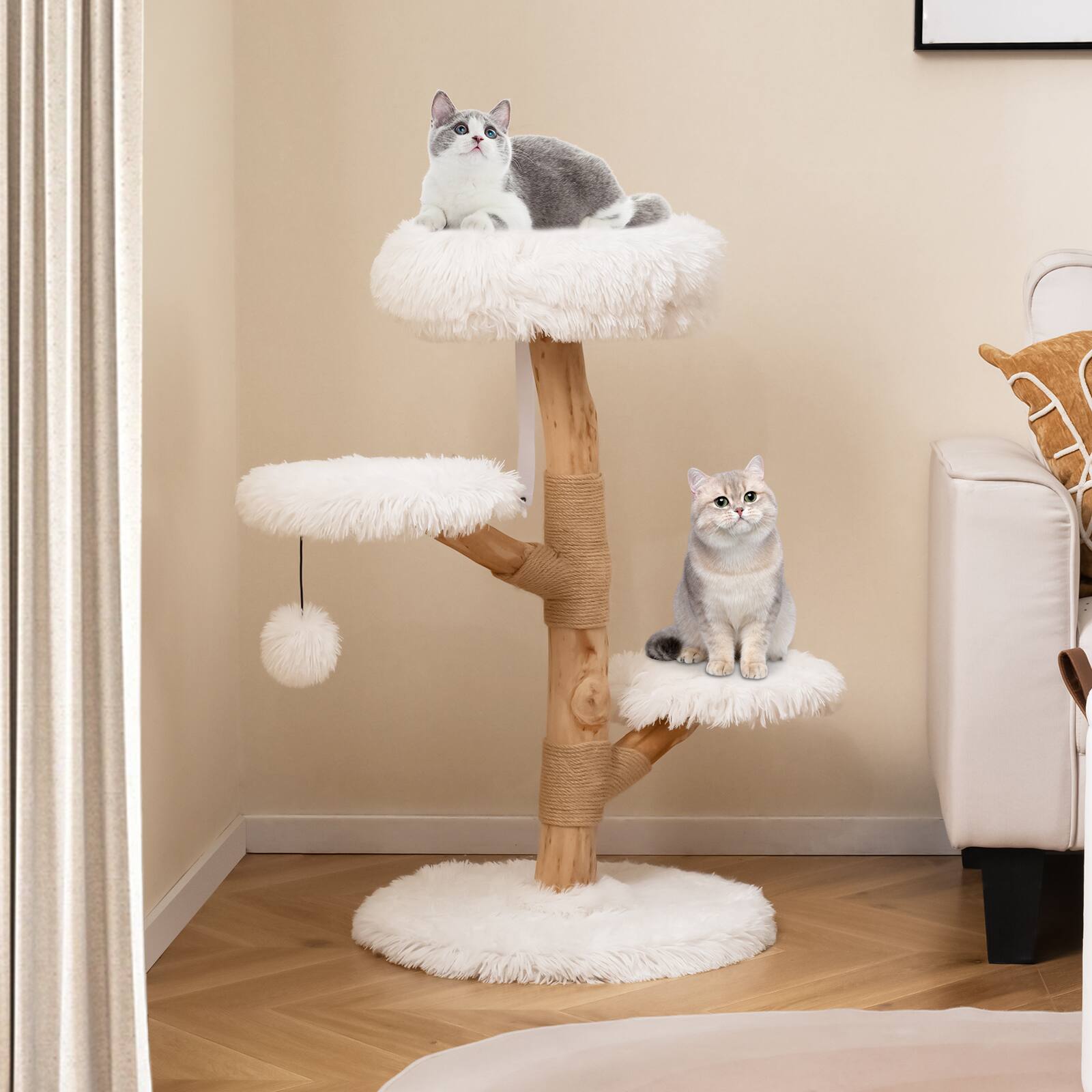 Alt View 1. Costway - Costway Cat Tree with Perch, Natural Jute Scratching Posts, Dangling Ball, Soft Long Plush - Natural & White.