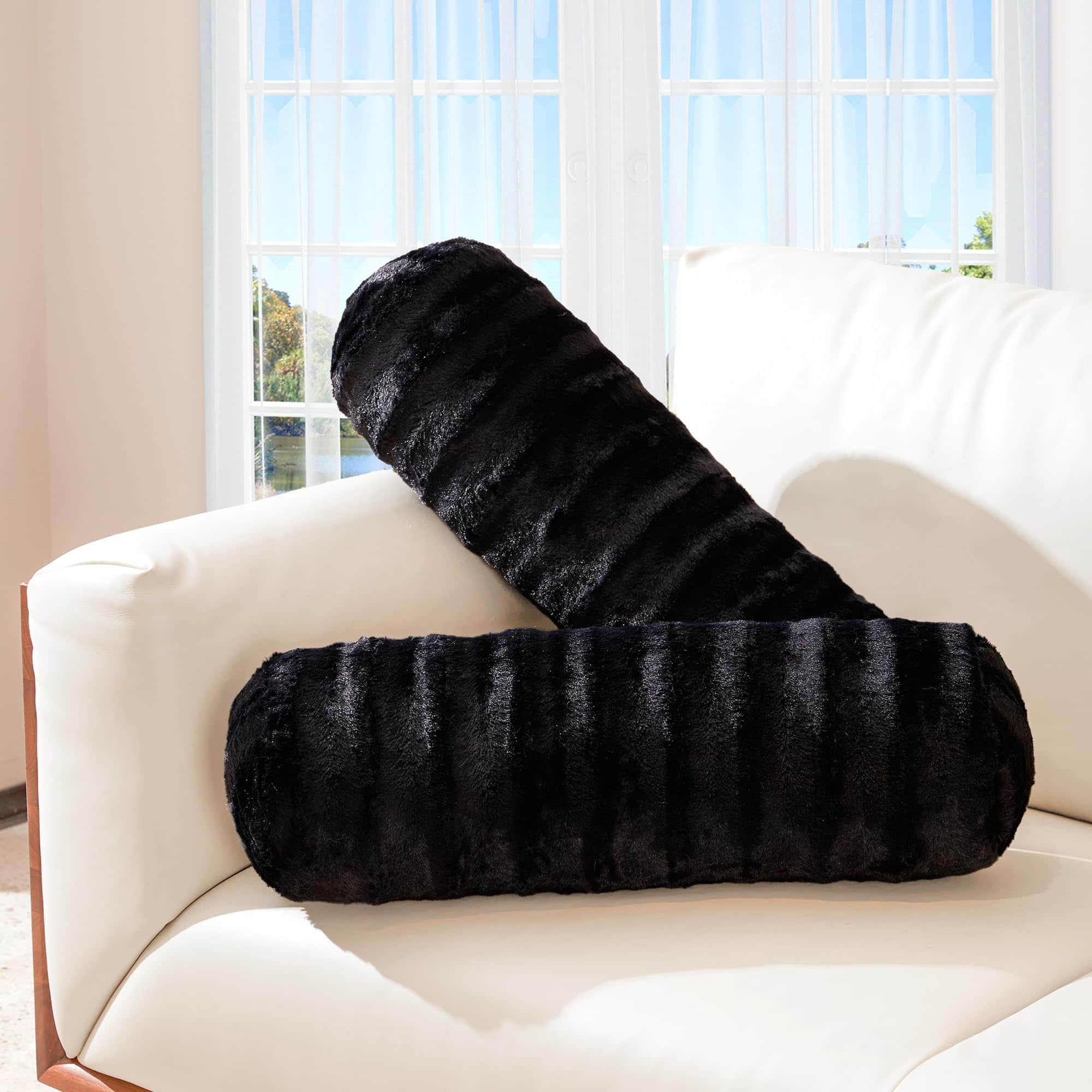 Cheer Collection - Set of 2 Faux Fur Decorative Bolster Roll Pillows - Black