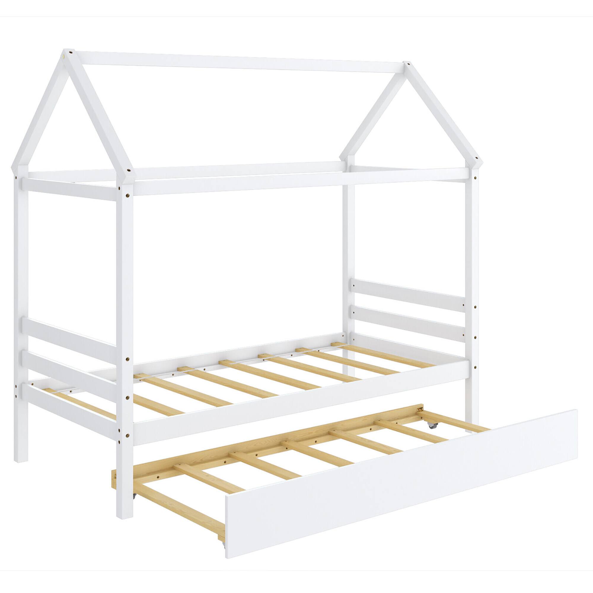 Alt View 1. Gymax - Gymax Twin House Bed Frame w/ Trundle Roof Wooden Platform Mattress Foundation White - White.