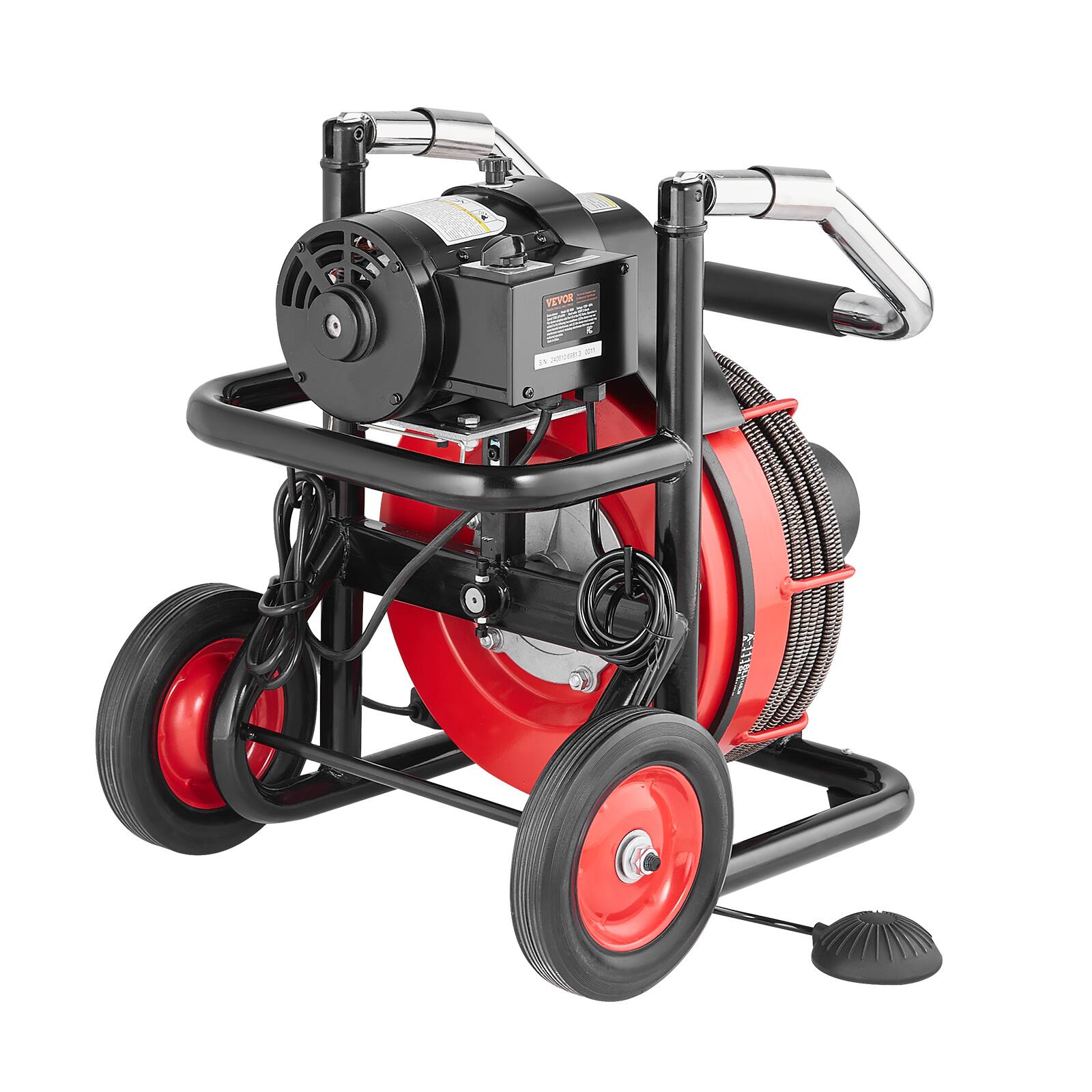 Alt View 5. VEVOR - Drain Cleaner Machine 100FT x 3/8 Inch, Auto Feed Sewer Snake Auger on Wheels, 370W ,Switch for 2" to 4" Pipes - Red.