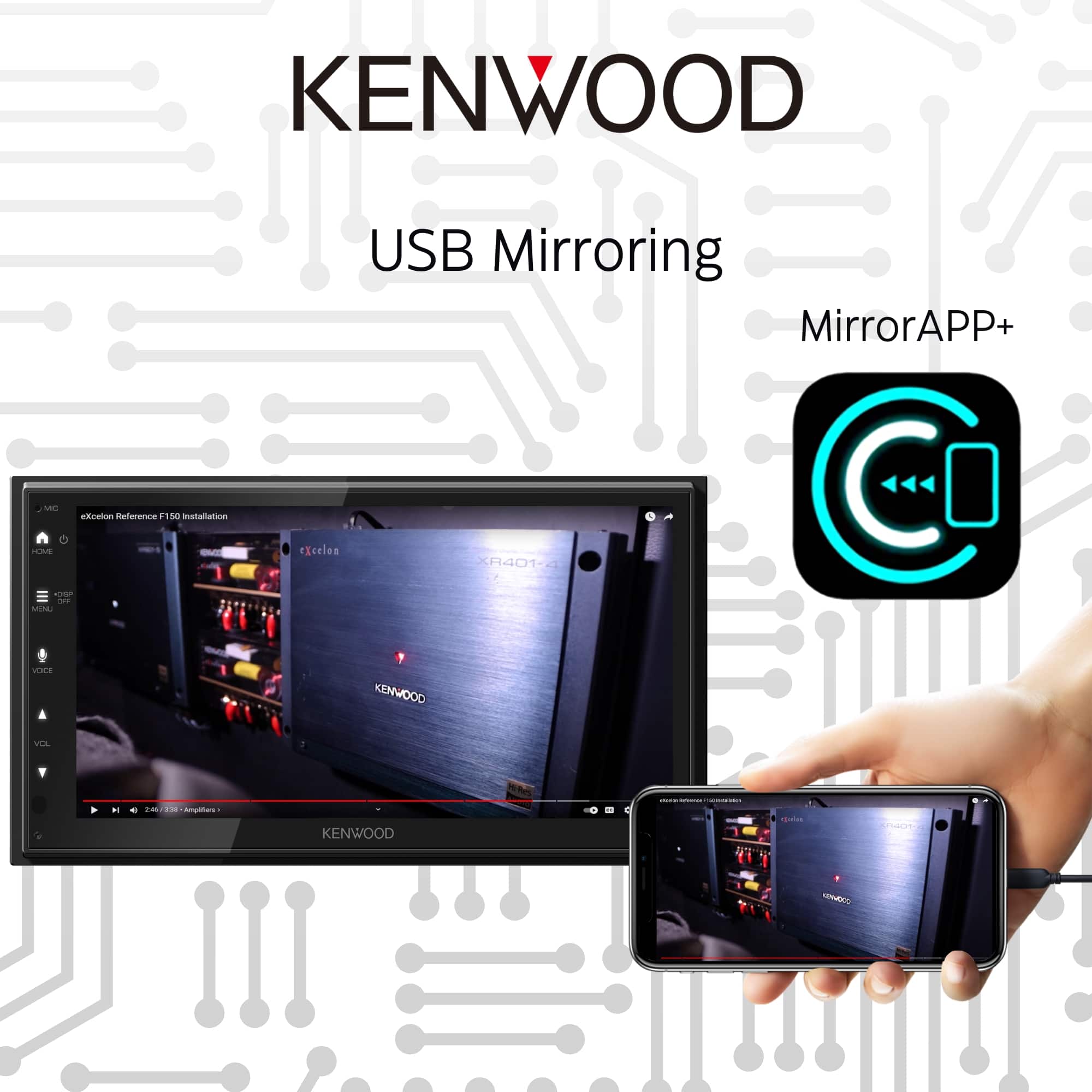 KENWOOD USB Mirroring MirrorApp+ is a car audio system that allows users to connect their smartphones to the car's display and control various functions using the smartphone. The system is compatible with the Kenwood Excelon XA401 and offers a range of features, such as video playback, navigation, and hands-free calling. The installation process is easy, and the product comes with a user manual for reference.