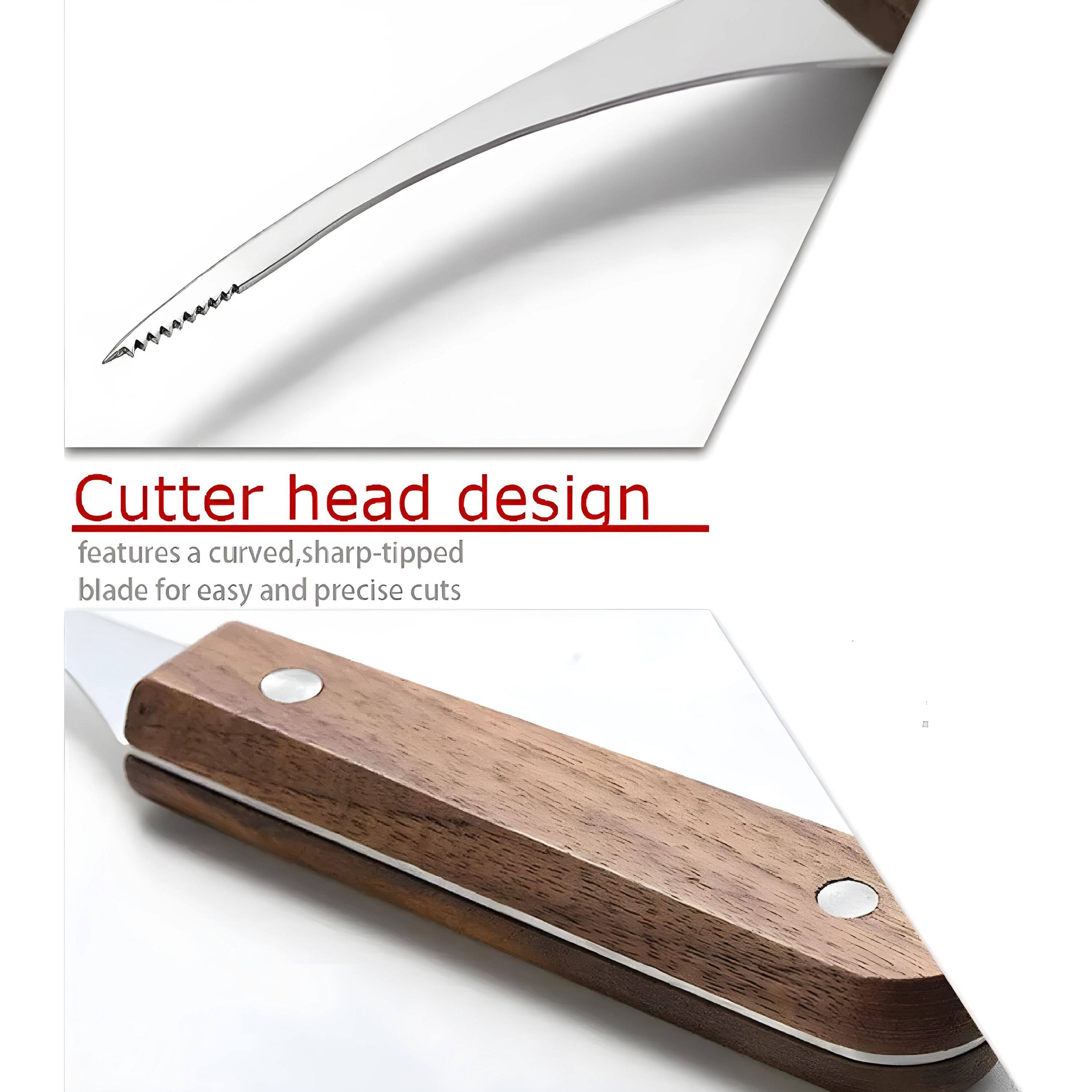 Cutter head design  
features a curved, sharp-tipped blade for easy and precise cuts