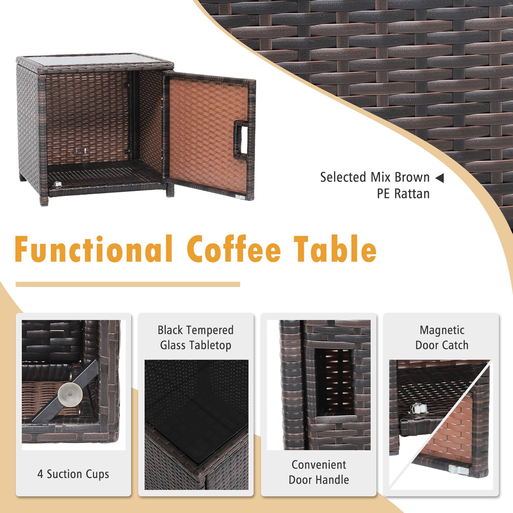 Selected Mix Brown PE Rattan

Functional Coffee Table

- Black Tempered Glass Tabletop
- 4 Suction Cups
- Convenient Door Handle
- Magnetic Door Catch