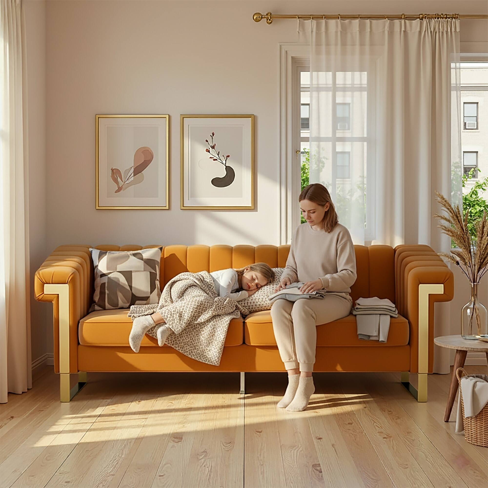 Back. Anysun - Modern 3-Seat Cream Velvet Sofa with Gold Accents - Channel-Tufted for Living Room & Office. - Orange.
