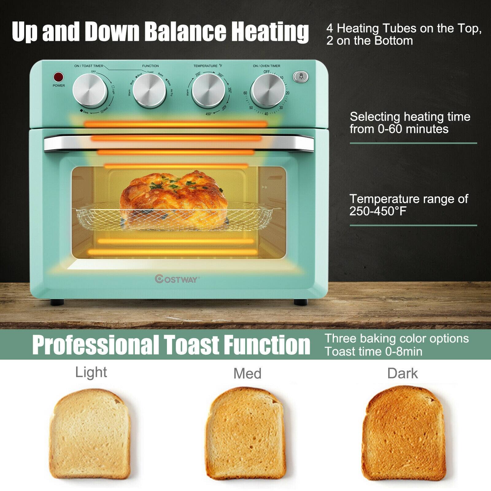 Up and Down Balance Heating

4 Heating Tubes on the Top, 2 on the Bottom

Selecting heating time from 0-60 minutes

Temperature range of 250-450°F

Professional Toast Function

Three baking color options

Toast time 0-8min

Light | Med | Dark