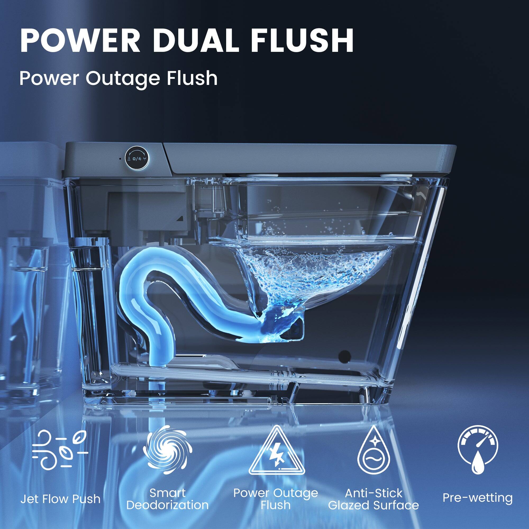 POWER DUAL FLUSH  
Power Outage Flush  

- Jet Flow Push  
- Smart Deodorization  
- Power Outage Flush  
- Anti-Stick Glazed Surface  
- Pre-wetting