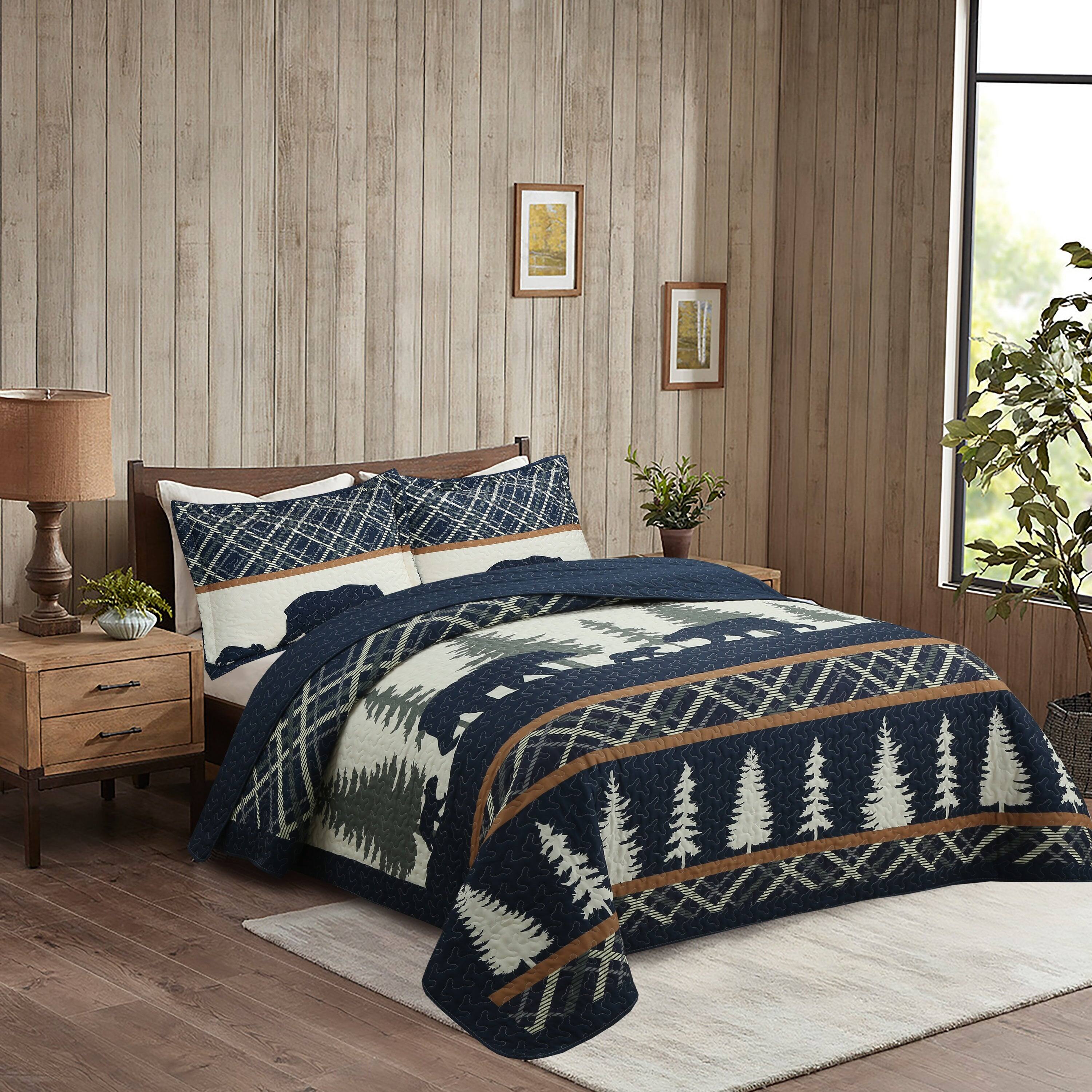Left. MarCielo - Marcielo 3 Pcs Cabin Lodge Rustic Country Bear Quilt Bedspread Set - Navy blue bear.
