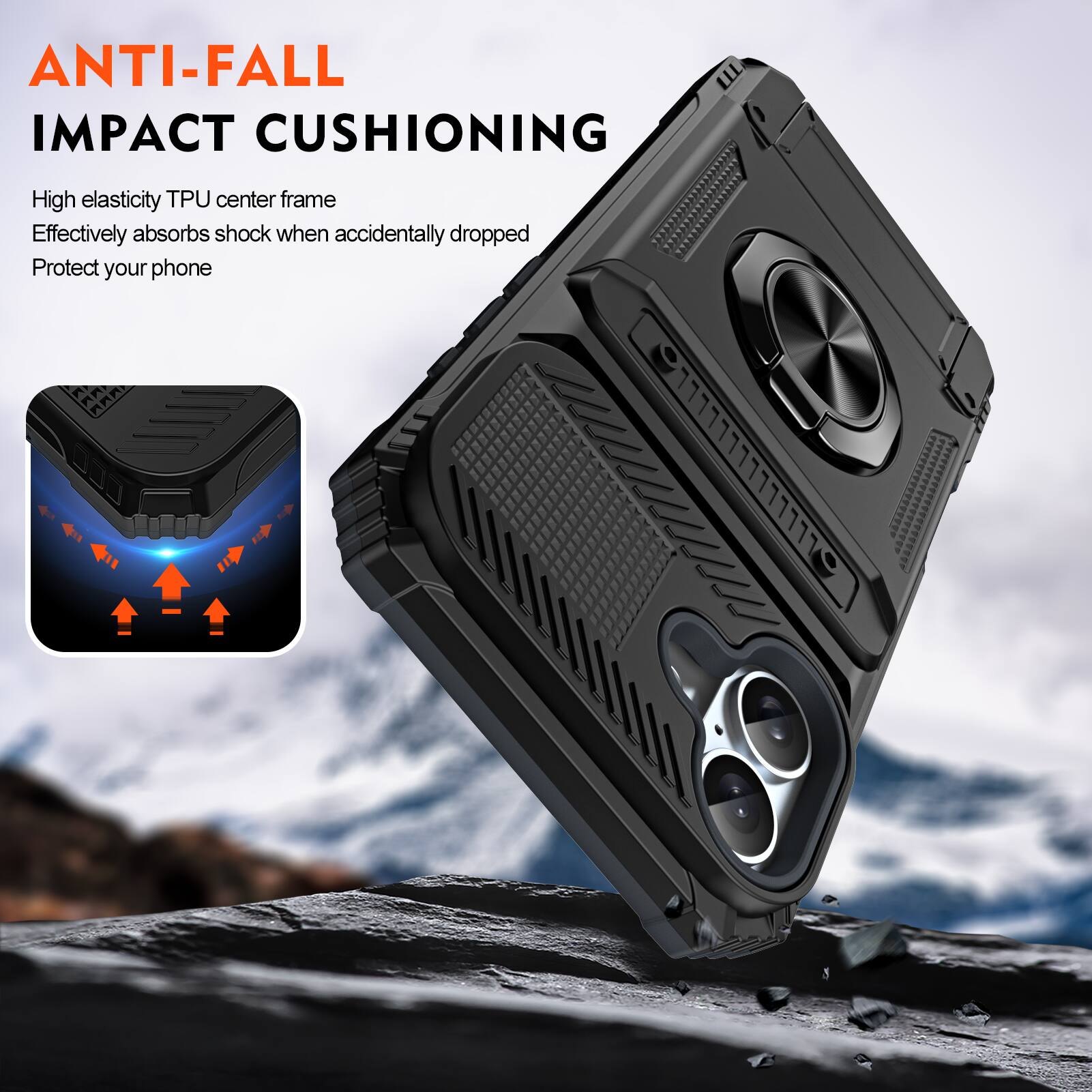 ANTI-FALL IMPACT CUSHIONING

High elasticity TPU center frame
Effectively absorbs shock when accidentally dropped
Protect your phone