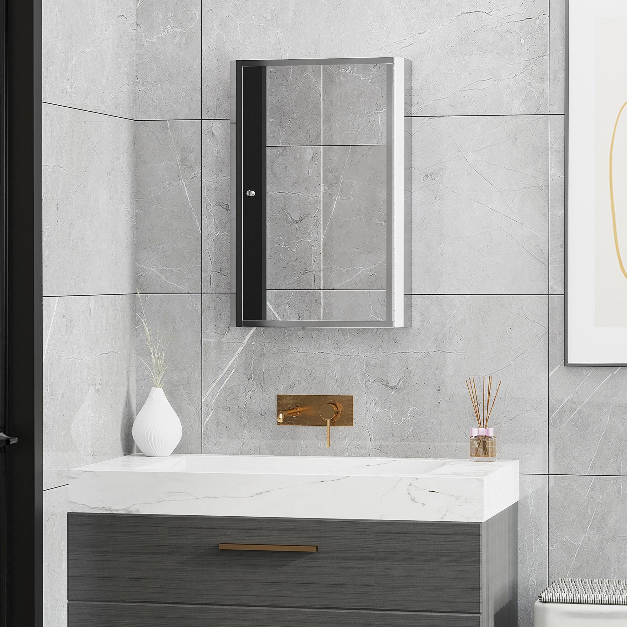 Alt View 1. Homcom - Bathroom Mirrored Cabinet, Vertical 16" x 24" Stainless Steel Frame Medicine Cabinet - Silver.